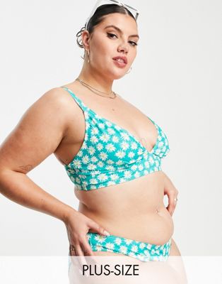 Exclusive long line bikini top in green sunflower print