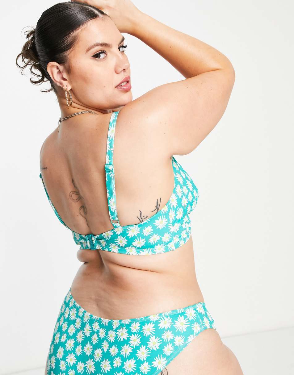 Peek & Beau Curve Exclusive high leg bikini bottom in green sunflower print