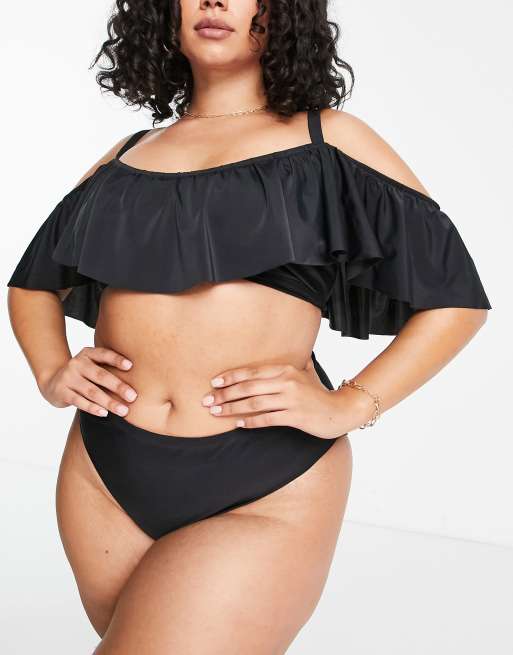 Peek Beau Curve Exclusive off shoulder frill bikini top in black