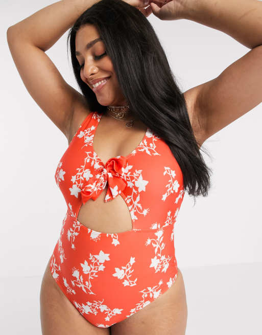 Peek & Beau Curve Exclusive polyester cut out swimsuit with ruffle in floral - WHITE, 4 of 4