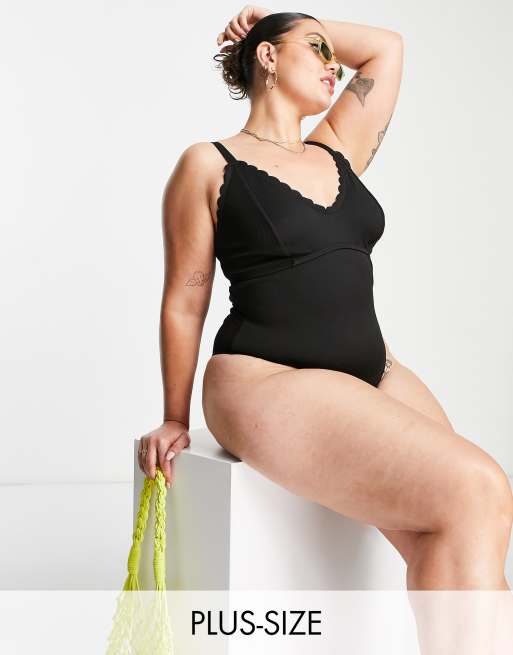 Peek & Beau Curve Exclusive scallop cut out swimsuit in black