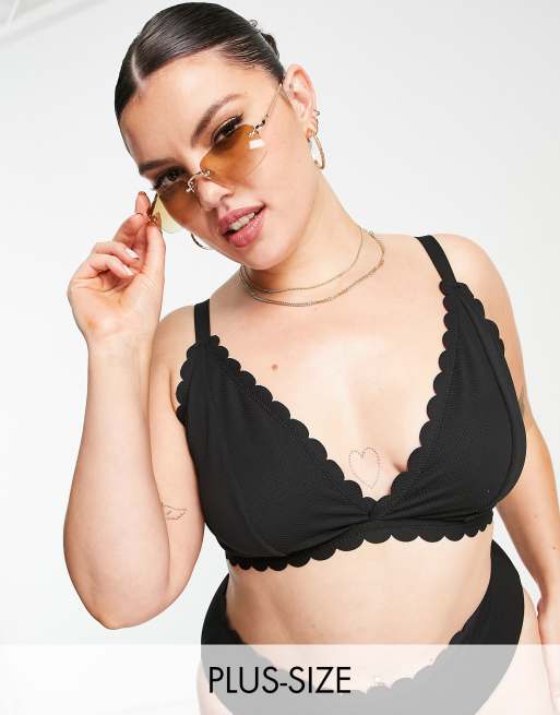 Peek & Beau Curve Exclusive scallop plunge longline bikini top in black -  BLACK