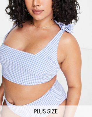 Peek & Beau Curve Exclusive Square Neck Crop Bikini Top With Tie Shoulder In Blue Textured Gingham-blues