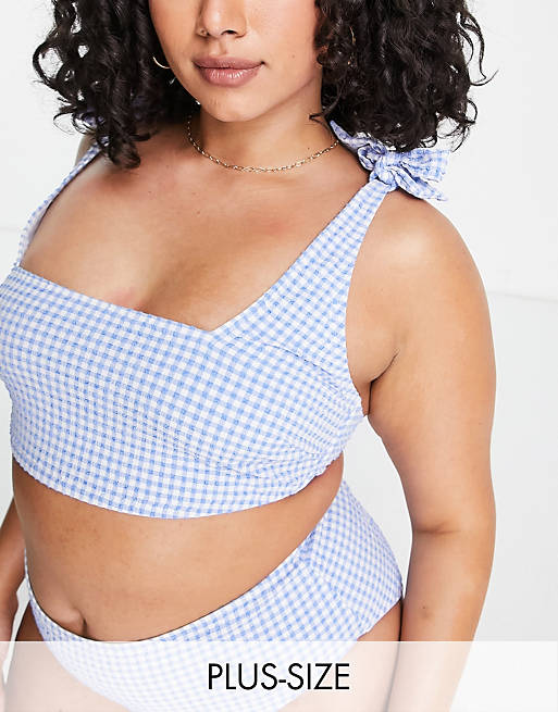 Peek & Beau Curve Exclusive square neck crop bikini top with tie shoulder in blue textured gingham