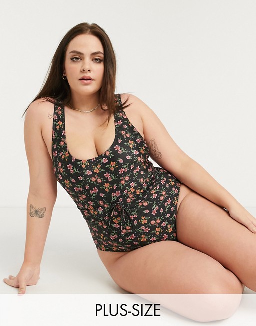Peek & Beau Curve Exclusive swimsuit with waist tie in winter floral