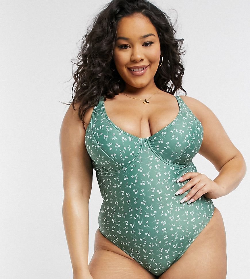 Peek & Beau Curve Exclusive Underwire Swimsuit With Tie Waist In Green Floral