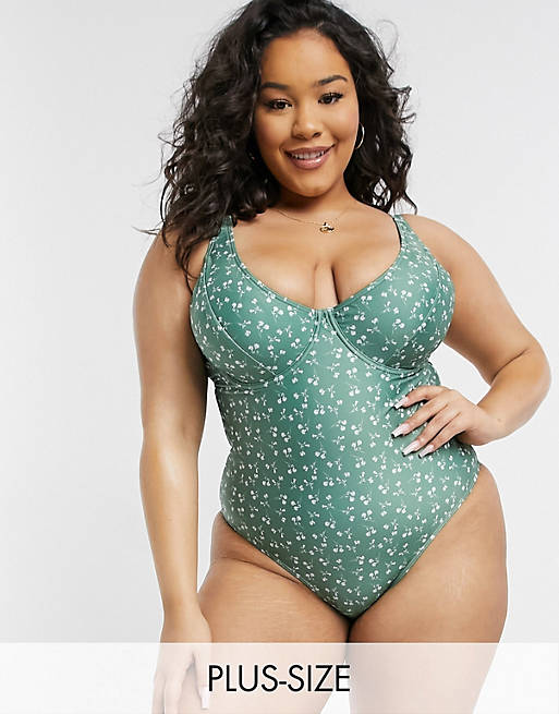 Women Peek & Beau Curve Exclusive underwire swimsuit with tie waist in green floral 