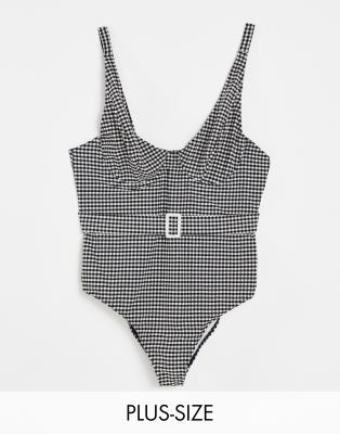 Peek & Beau Curve Peek & Beau Curve Exclusive underwired swimsuit with belt detail in black and white gingham-Multi