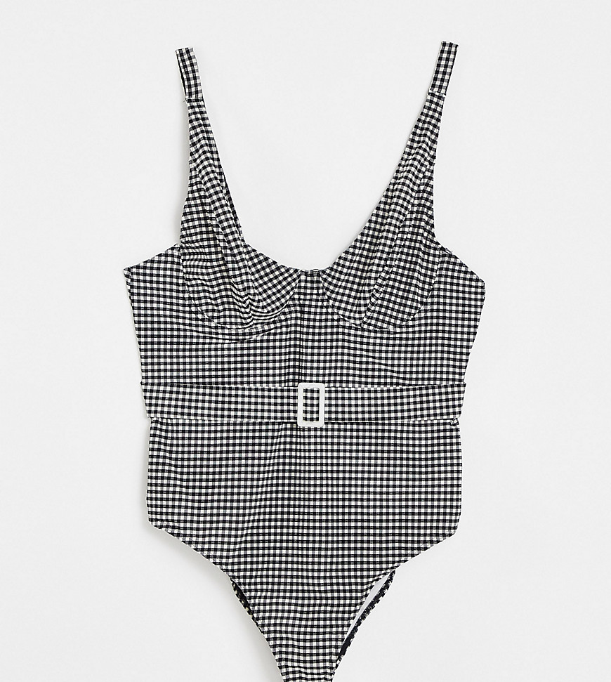 Peek & Beau Curve Exclusive Underwired Swimsuit With Belt Detail In Black And White Gingham-multi