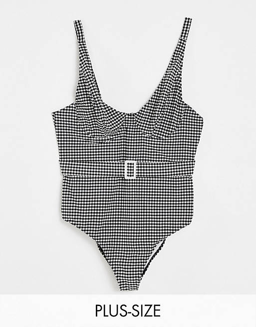  Peek & Beau Curve Exclusive underwired swimsuit with belt detail in black and white gingham 