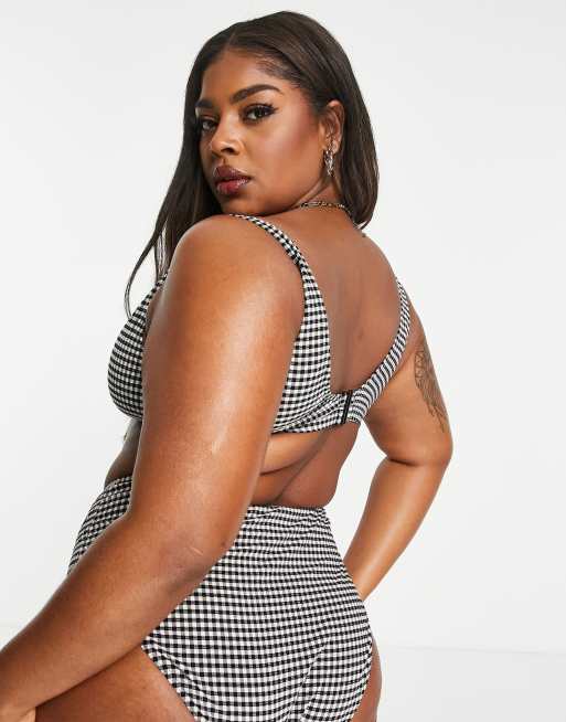 Peek & Beau Curve Exclusive wrap bikini top with detailing in seersucker black and white gingham, 2 of 4