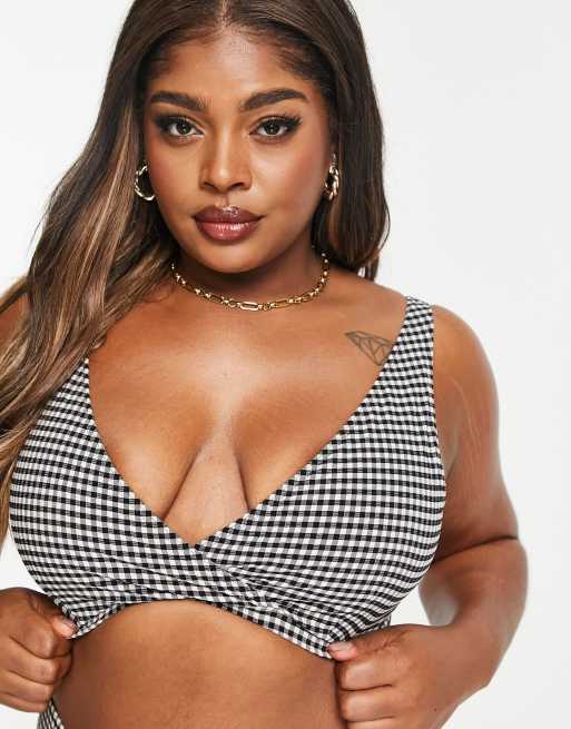Peek & Beau Curve Exclusive wrap bikini top with detailing in seersucker black and white gingham, 3 of 4