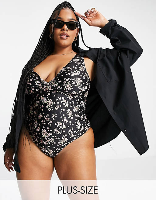 Women Peek & Beau Curve Exclusive wrap front swimsuit with tie detail in black base floral print 