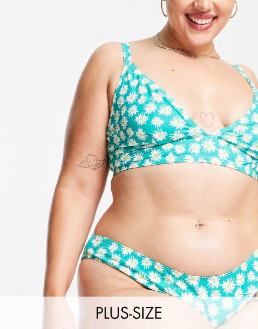 Peek & Beau Curve Exclusive – Zielony wysoko wycięty dół od bikini we wzór w słoneczniki