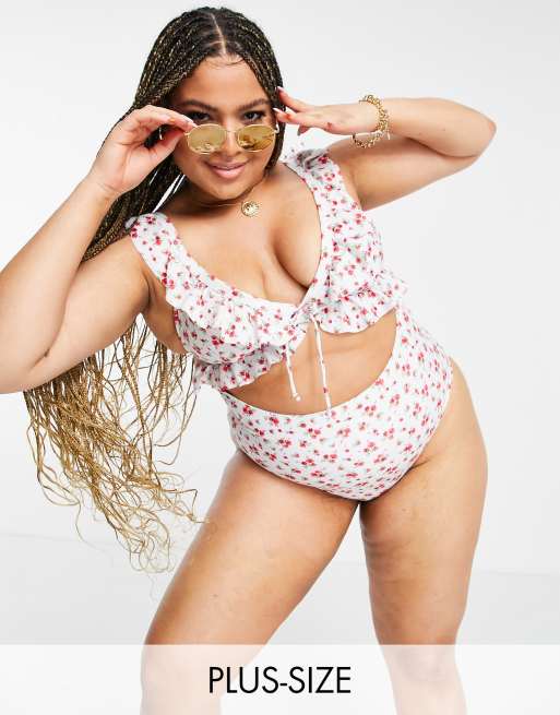 Peek & Beau Curve - Exclusivité - Maillot 1 pièce volanté à découpes et imprimé fleurs rouge