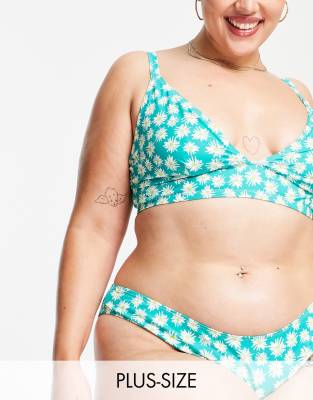 Peek & Beau Curve - Exklusiv - Bikinihose in Grün mit Sonnenblumenmuster und hohem Beinausschnitt