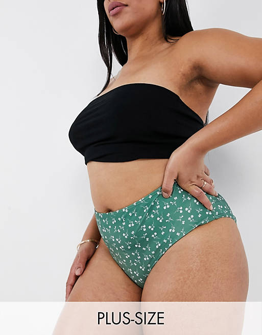Peek & Beau Curve - Højtaljede bikinitrusser med bindebånd i taljen i grønt blomstermønster - Kun hos ASOS
