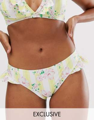 Peek & Beau Eco Exclusive floral ruffle stripe hipster bikini bottom in yellow-White