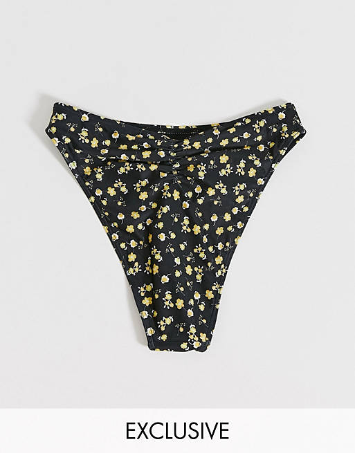 Peek & Beau Exclusive high leg frill bikini bottom in black floral