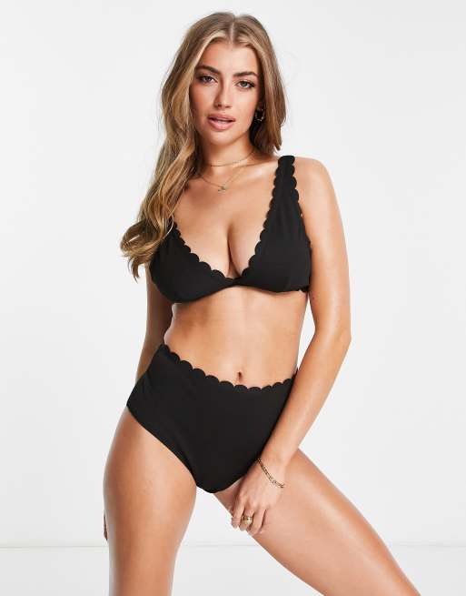 Black plus size scalloped detail high waist bikini swimsuit women swimwear  