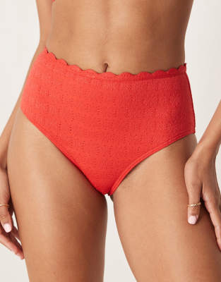 Peek & Beau Eyelet High Waist Bikini Bottoms With Scallop Detail In Red