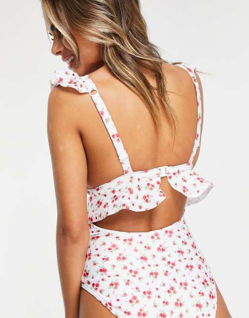 Peek & Beau Fuller Bust Exclusive cut out frill swimsuit in ditsy red floral print, 2 of 4