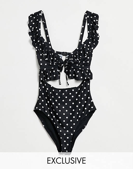 Peek & Beau Fuller Bust Exclusive cut out frill swimsuit in polka dot