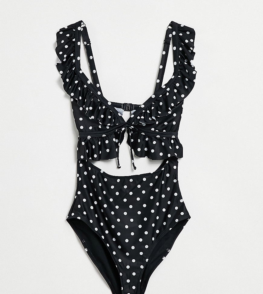 Peek & Beau Fuller Bust Exclusive cut out ruffle swimsuit in polka dot-Multi