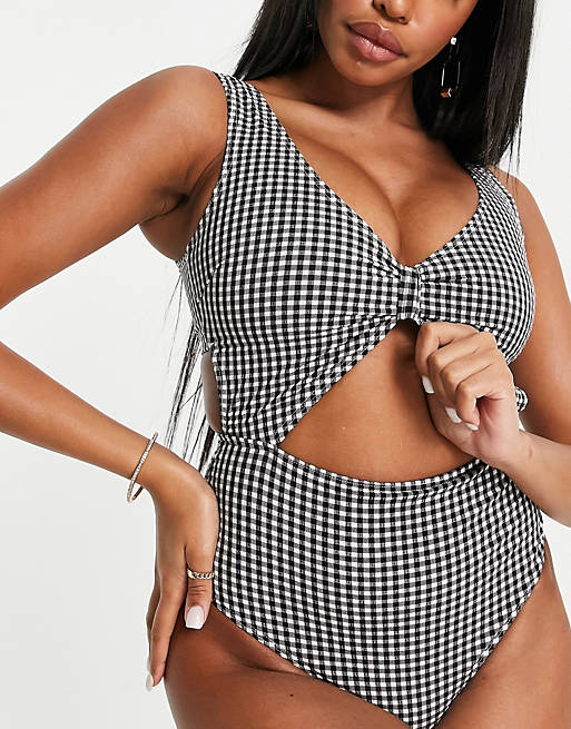  Peek & Beau Fuller Bust Exclusive cut out swimsuit in black and white seersucker gingham 