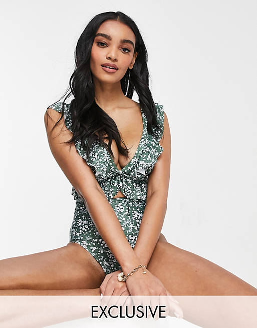 Women Peek & Beau Fuller Bust Exclusive cut out swimsuit with ruffle in green floral 