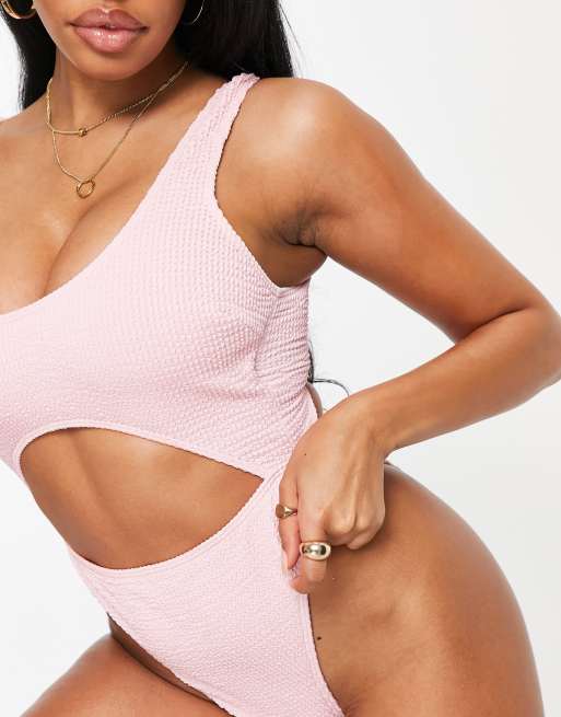 Peek & Beau Fuller Bust Exclusive cut out swimsuit with tie deail in pink crinkle , 3 of 4