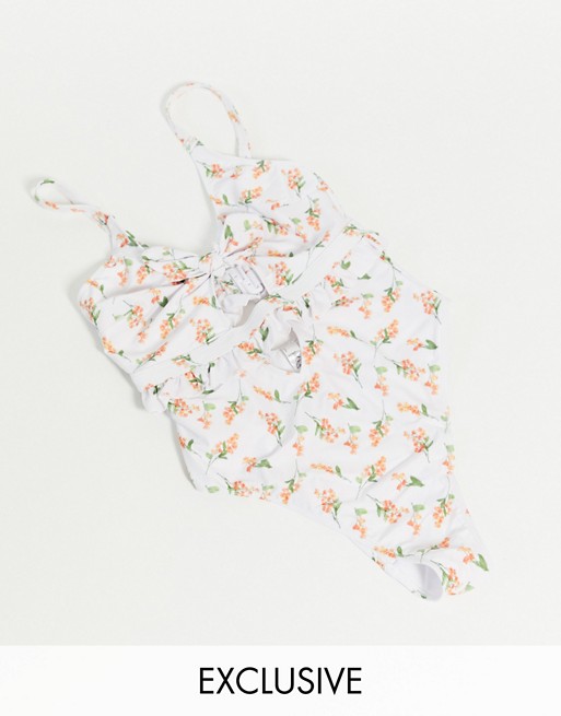 Peek & Beau Fuller Bust Exclusive floral cut out swimsuit with frill detail in coral floral