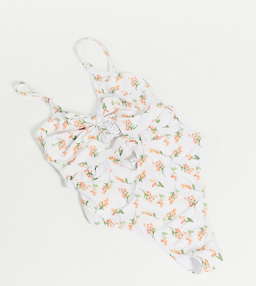 Peek & Beau Fuller Bust Exclusive Floral Cut-out Swimsuit With Ruffle Detail In Coral Floral-multi