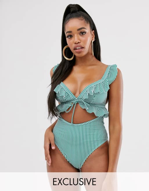 Green and white sale striped one piece swimsuit