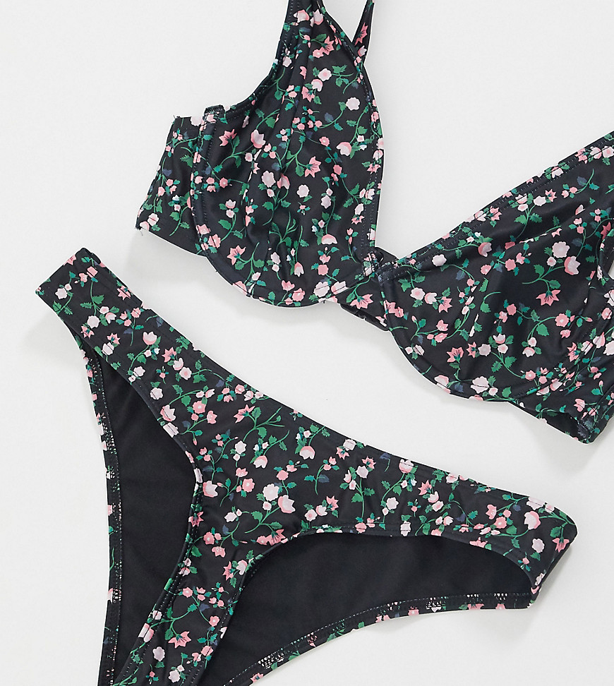 Peek & Beau Fuller Bust Exclusive high leg bikini bottom in ditsy floral print-Multi