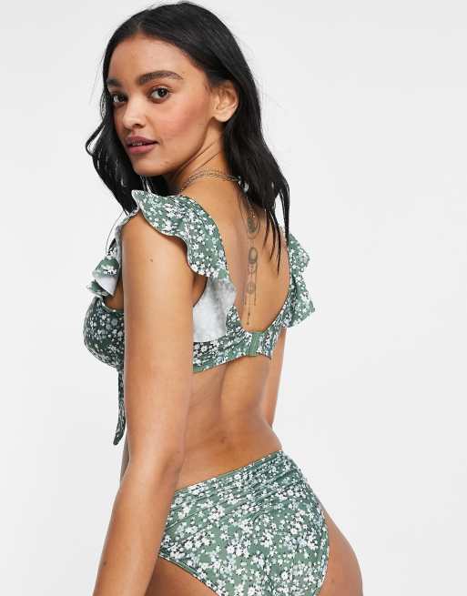 Peek & Beau fuller bust Exclusive high-leg bikini bottom in green floral, 2 of 4