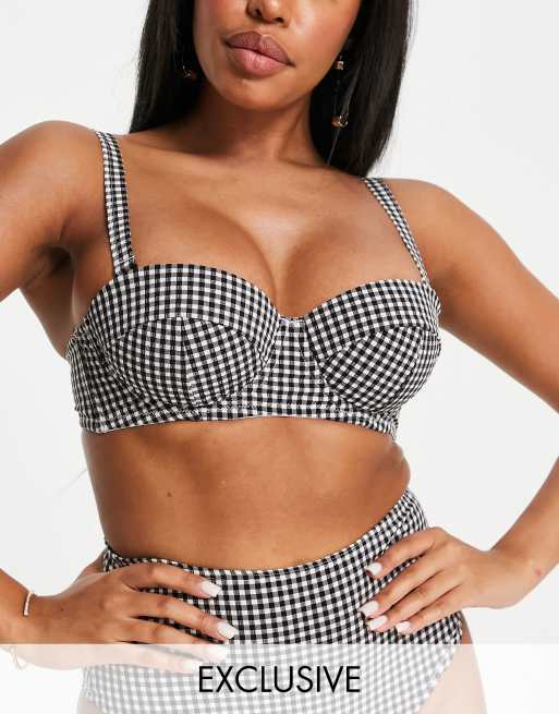 Peek & Beau Fuller Bust Exclusive mix and match balcony bikini top in black and white seersucker gingham
