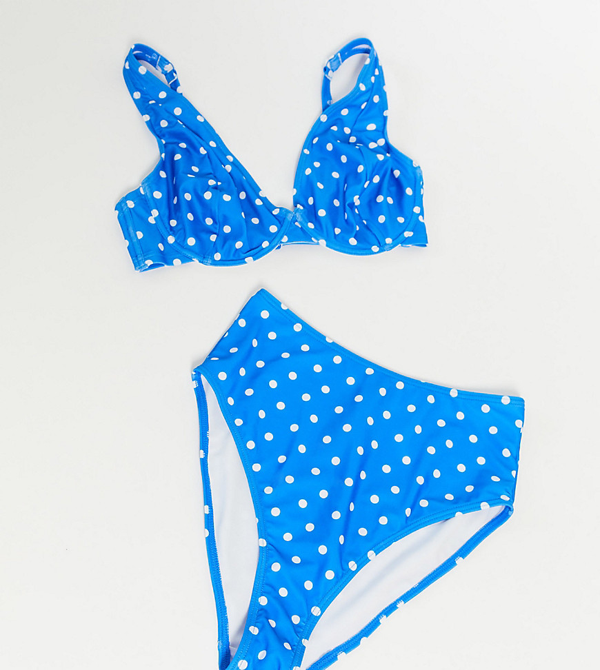 Peek & Beau fuller bust Exclusive mix & match high waist bikini bottoms in polka dot-Blues