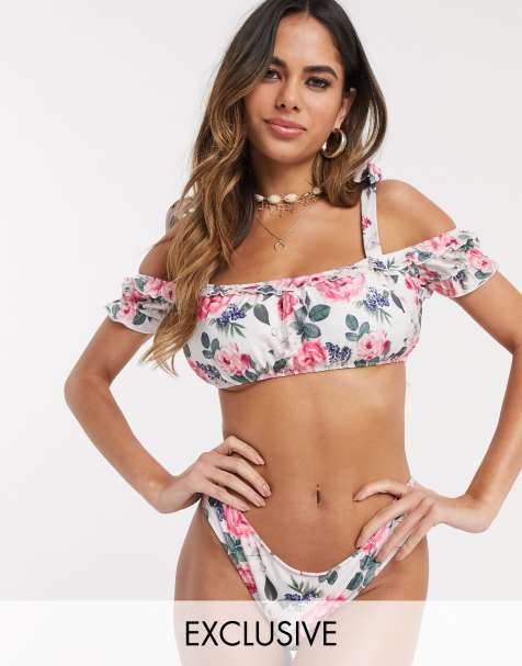 Peek & Beau Fuller Bust Exclusive polyester bardot bikini top in vintage floral D-F - WHITE - view 1