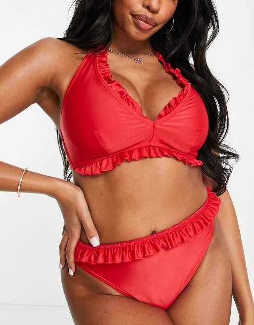 Peek Beau Fuller Bust Exclusive polyester high leg high waist bikini bottom with micro frill detail in red RED