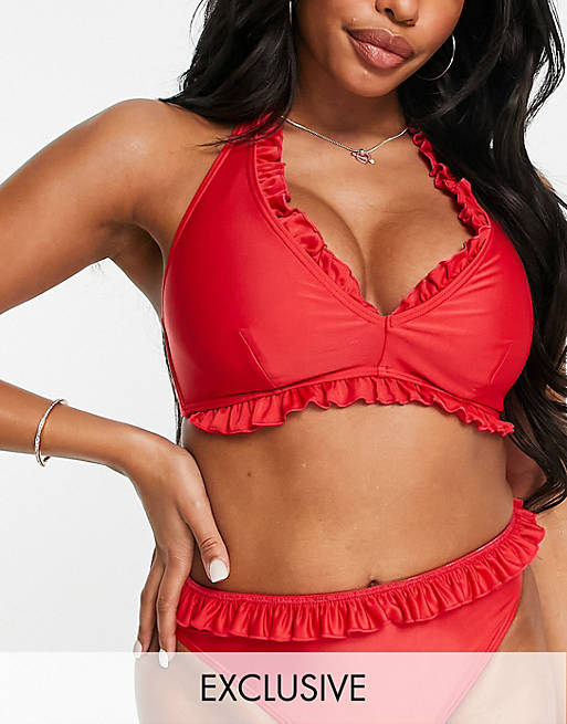 Peek & Beau Fuller Bust Exclusive polyester halter bikini top with micro frill detail in red - RED