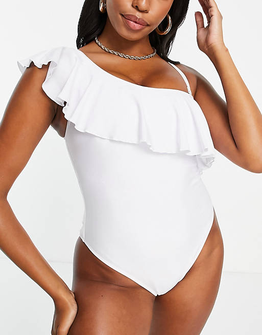 Swimwear & Beachwear Peek & Beau Fuller Bust Exclusive recycled polyester one shoulder swimsuit with frill in white 