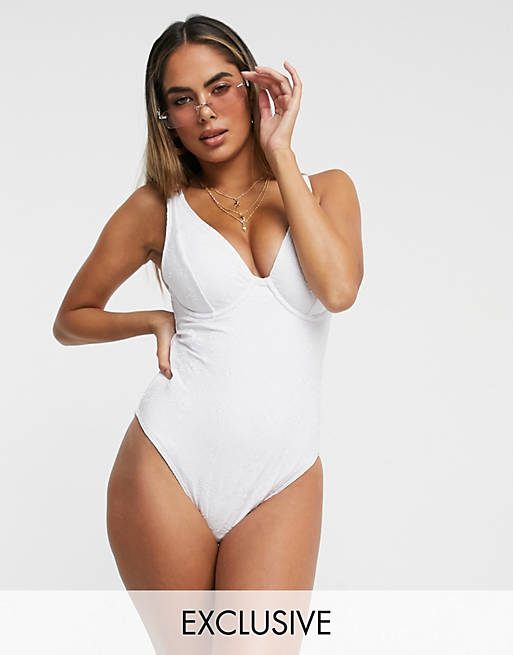 Peek & Beau Fuller Bust Exclusive underwired swimsuit in white broderie DD-G