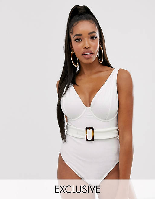 Peek & Beau Fuller Bust Exclusive underwired swimsuit with tort belt in white rib DD - G Cup