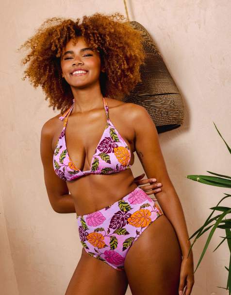 Peek & Beau fuller bust mix & match palm print triangle bikini top in pink