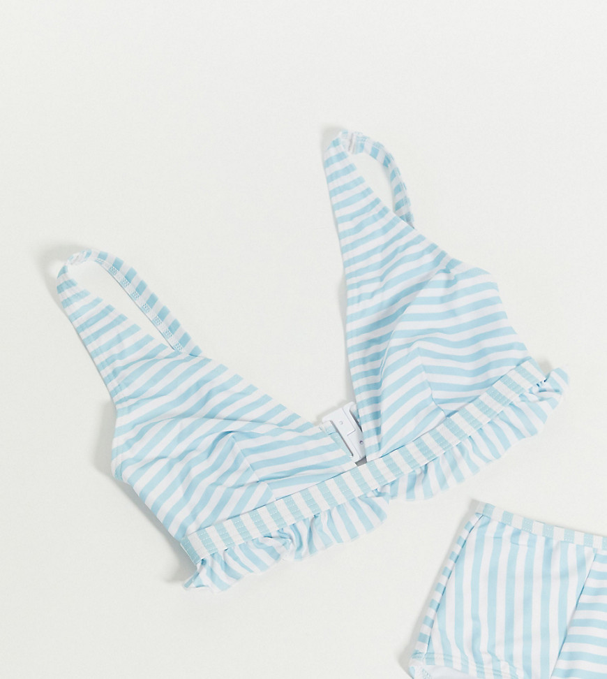 Peek & Beau Fuller Bust plunge front frill bikini top in blue stripe