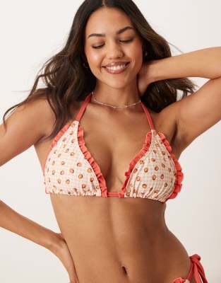 Peek & Beau - Fuller Bust - Triangel-Bikinioberteil in Orange mit Pfirsichmuster und Vichy-Karos