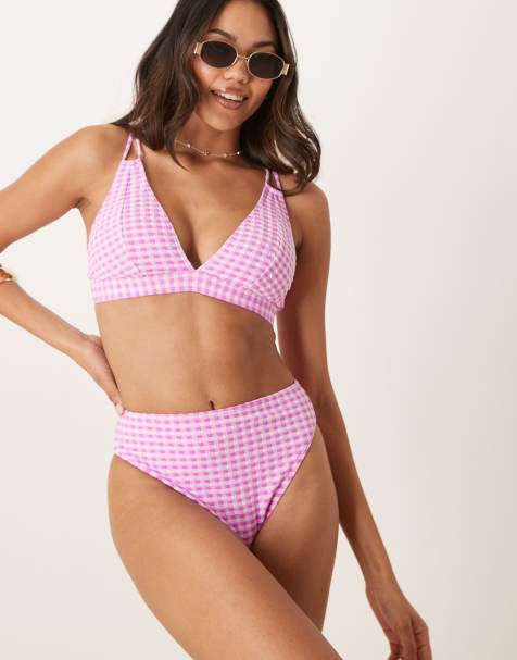 Peek & Beau – Fylligare byst – Rosa, ginghamrutig bikiniunderdel med textur och hög midja - view 1