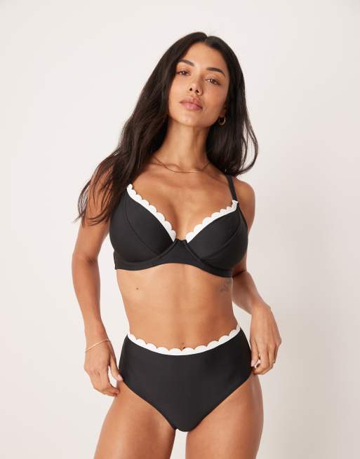 Peek & Beau - Haut de bikini à armatures avec bords festonnés contrastants - Noir, 2 de 4