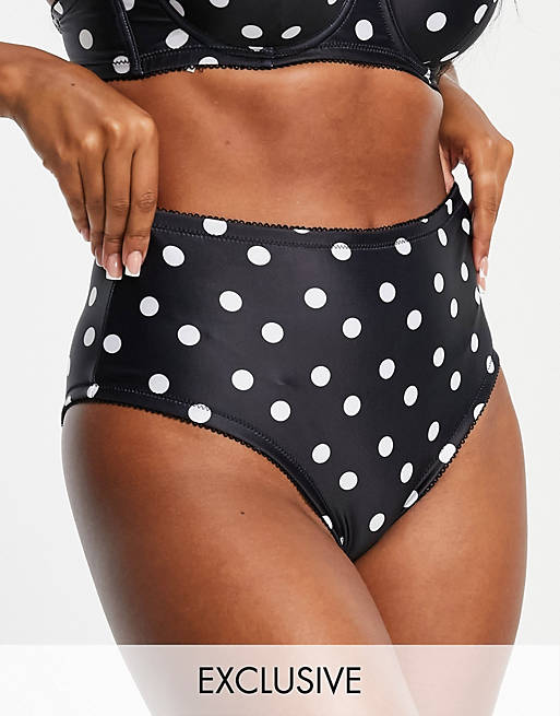 Peek & Beau high leg high waist bikini bottom with picot edging in black polka dot